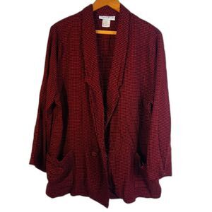 MJ‎ Carroll VTG Red Houndstooth Boyfriend Blazer Size Large USA Made Academia